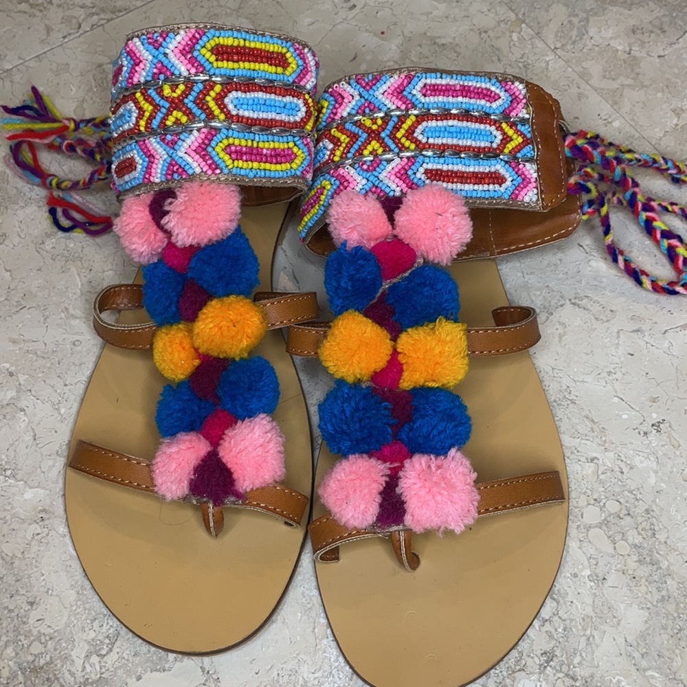Mia Sara London Beaded Pom Pom Sandals